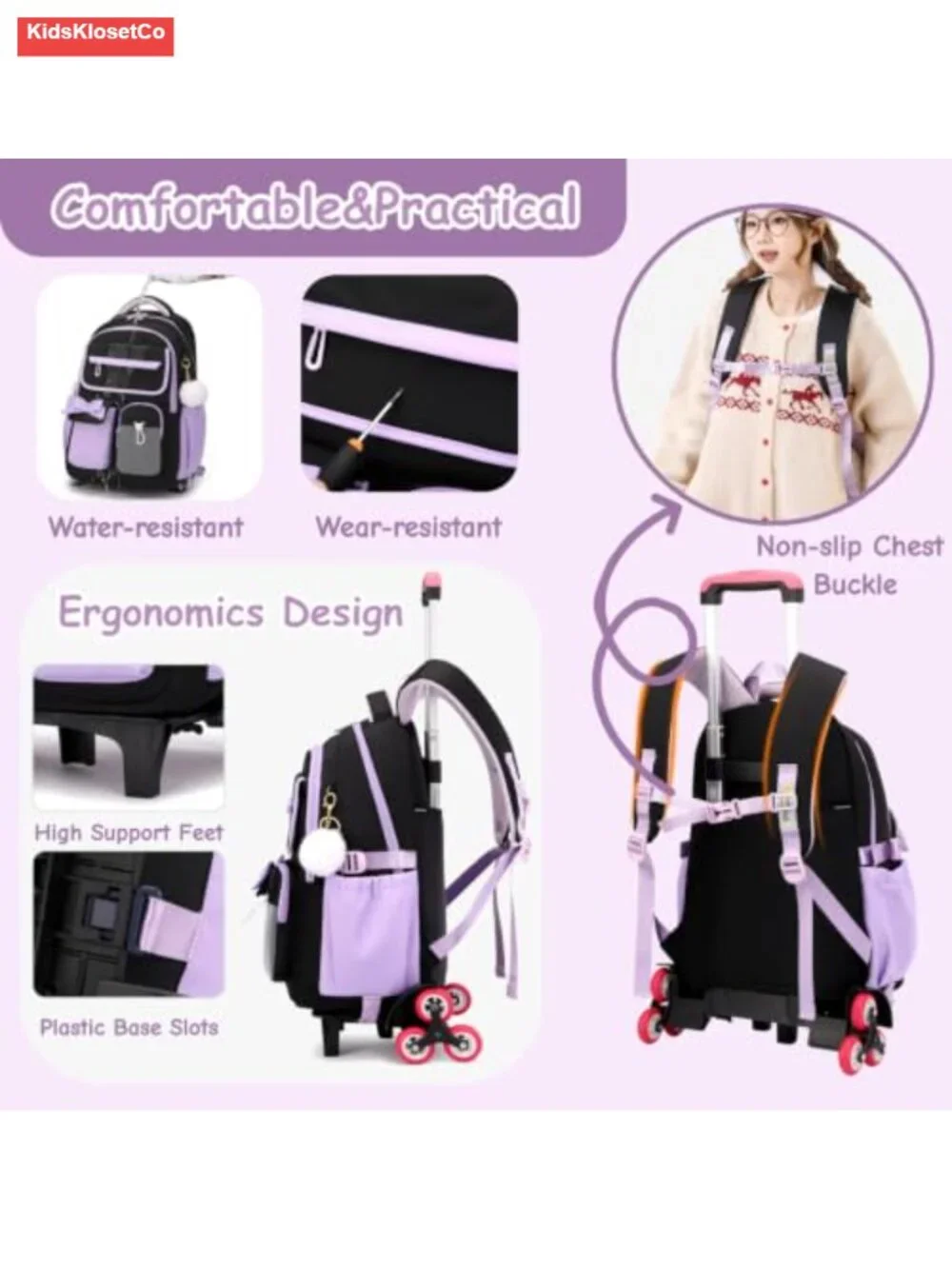 Rolling Backpack for Girls 6 Wheels with Furry Pendant Color-Block Nylon